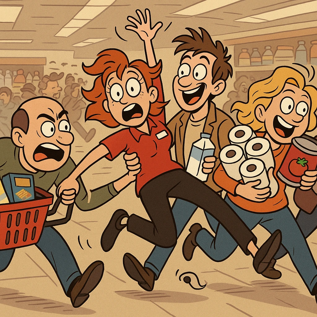 a comical scene where a crowd of supermarket shoppers runs from left to right, carrying off the salesgirl in a chaotic and exaggerated manner emoji