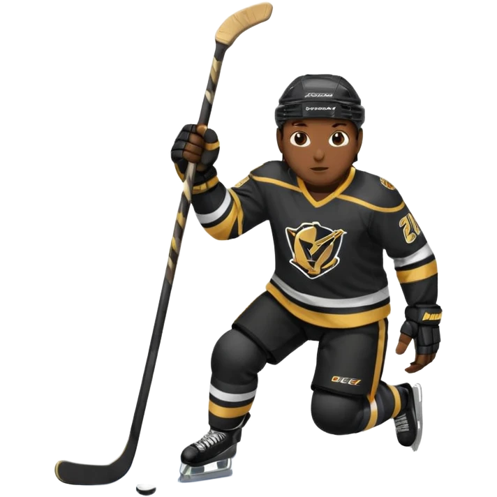 Back Shot Of Hockey Player Celebrating, sliding on one knee, with Left hand raised holding his stick by the middle of the shaft. Right Hand Touching the ice.
Black and Gold Jersey emoji