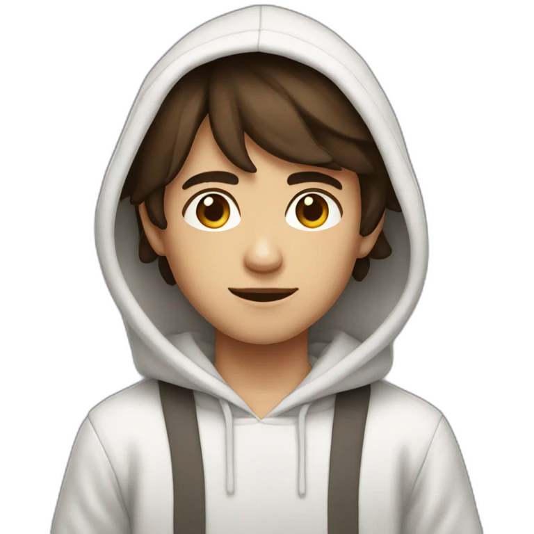 Boy with semi-long semi-dark brown hair with white hoodie emoji
