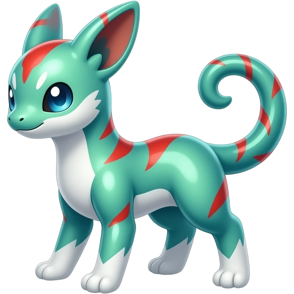 Shiny iridescent glossy oily smooth silky soft White with green-teal-turquoise-gradient with red streak markings and white belly and white points beautiful handsome gorgeous aesthetic colorful vibrant Vernid-Trico-species-Fakemon-creature by LiLaiRa, 4 legs, 1 tail, random markings, (full body) emoji