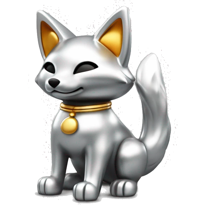 Fully chromed Maneki Neko-style fox statue in iOS emoji style, with smooth, rounded edges, reflective surface with soft light reflections. Minimalist features like the tail, raised paw, and coin. Plain white background to emphasize the chrome texture. emoji