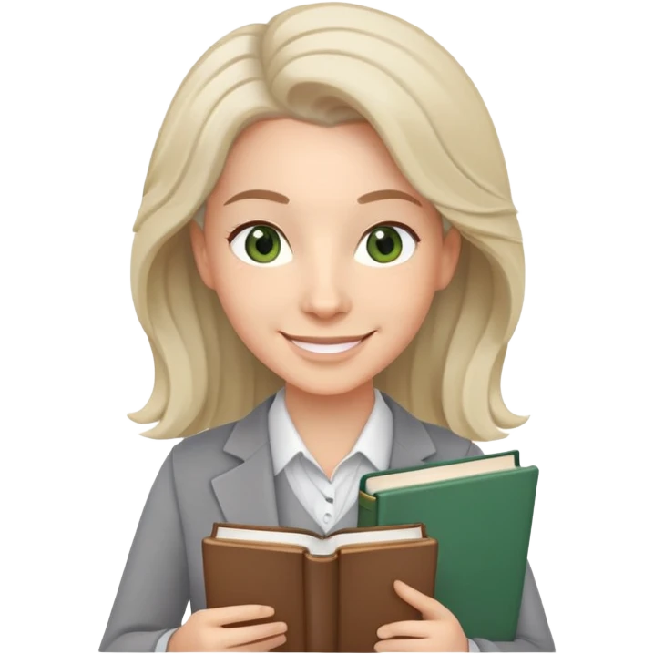 smiling English teacher with airtouch hair and grey-green eyes holding books and teaching materials emoji