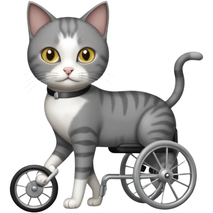 full body small short hair dark grey and white cat with hazel eyes walking in a wheelchair for cats emoji