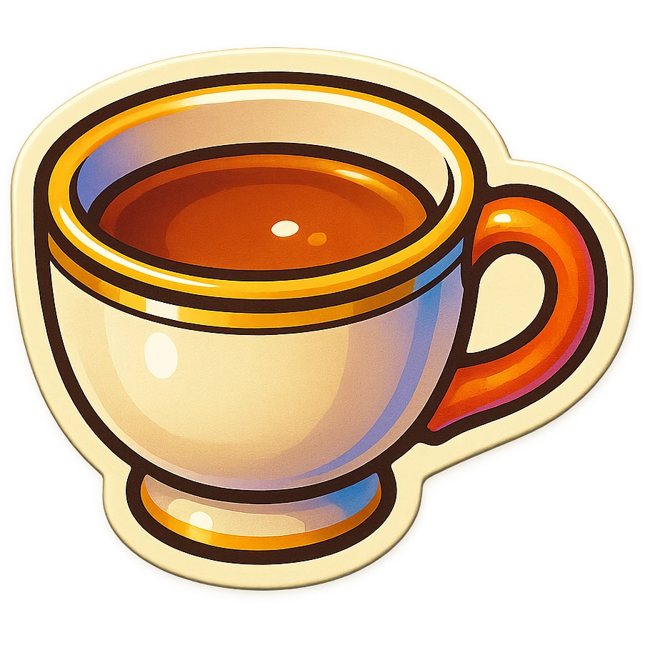 Hermès-style ceramic cup of tea, minimal design, Hermès orange handle, gold rim, cute emoji style, alternate angle, on white or transparent background emoji
