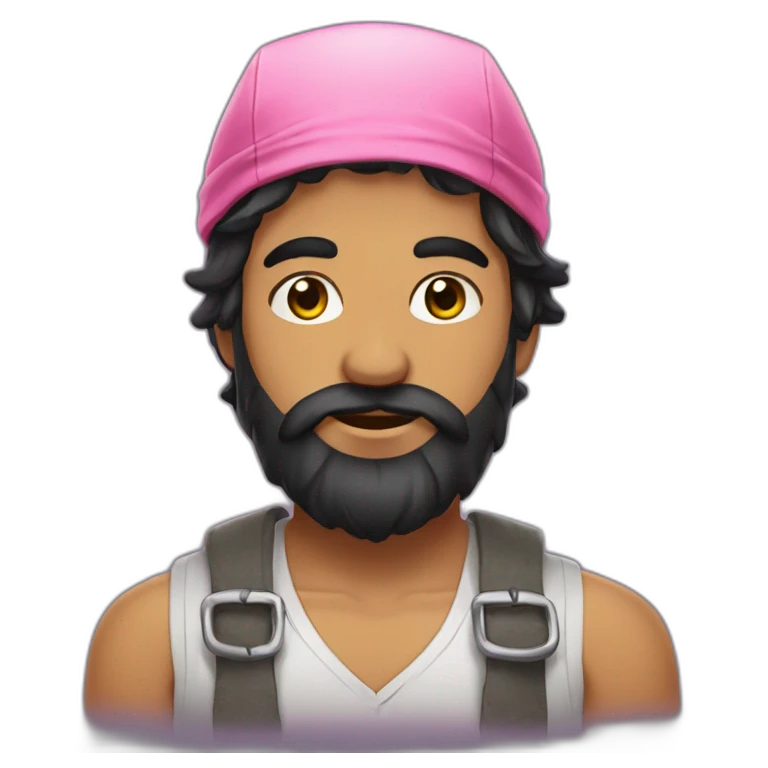 young market gardener with black long hair and fat beard with pink bandana emoji