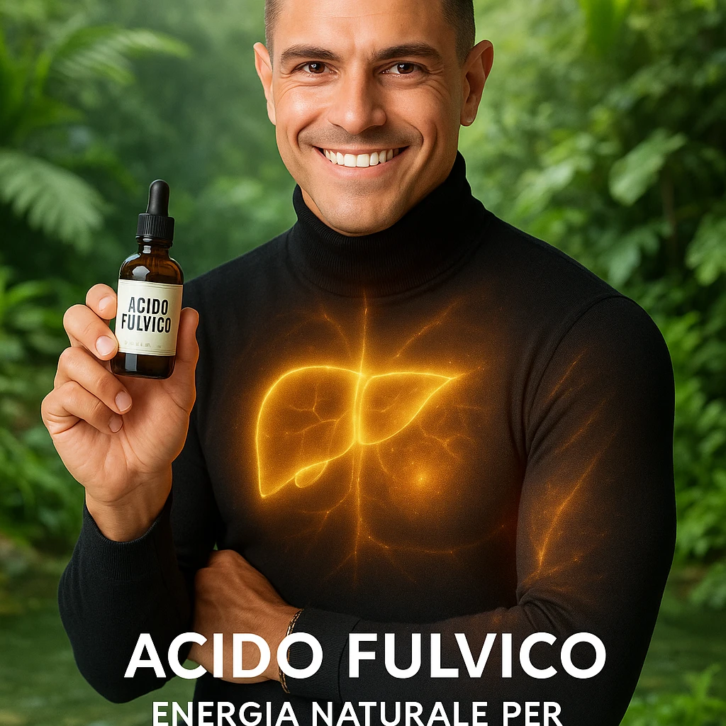 Uomo con il volto del riferimento, tiene una boccetta 'acido fulvico', energia traslucida su fegato e pelle, ambiente naturale e luminoso, piante e acqua pulita, stile wellness, testo in italiano. emoji