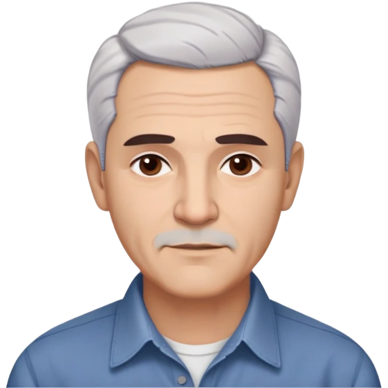 Puerto Rican actor René Monclova with round face, wide jaw, light skin. Expressive dark brown eyes, thick eyebrows. Short gray/white hair with receding hairline. Clean-shaven. Friendly expression. Wearing a dark button-down shirt. Distinguished older man with charismatic appearance. emoji