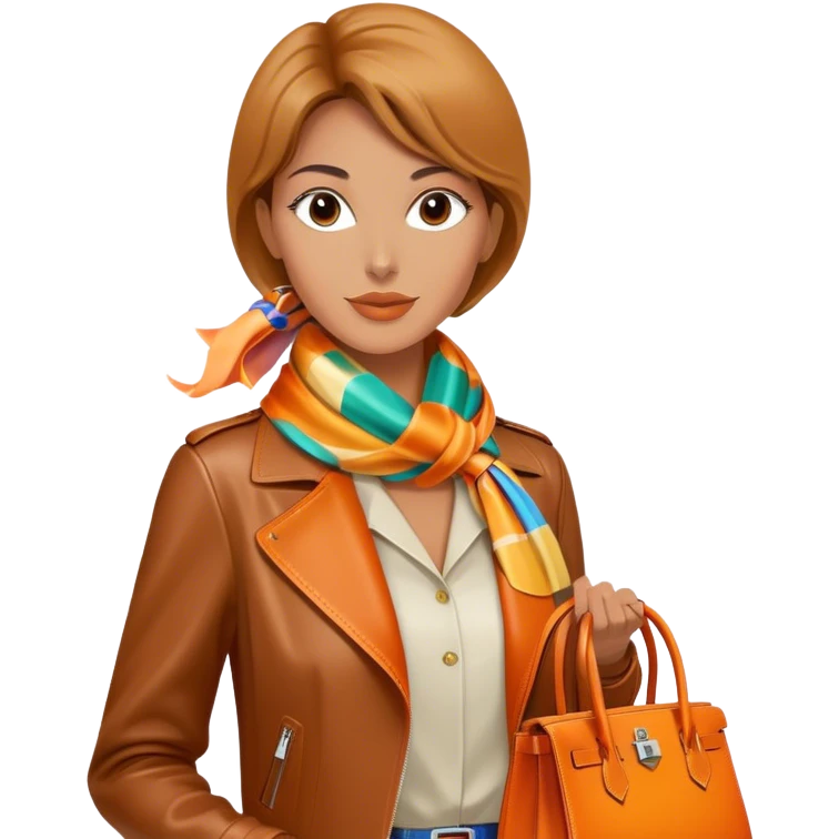Elegant and tan woman wearing a leather Hermes jacket and a multicolored silk scarf around her neck. She has an orange Hermes Birkin Bag. I want the image to be close up, starting from the waist up.  emoji