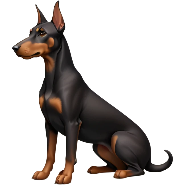 cinematic-[doberman]-realistic-full-body-sitting-emoji,-tail-resting-loosely-beside-its-paws,-head-tilted-dramatically, dooped ears -sleek-[black and tan]-fur,-simplified-yet-realistic-focused-features,-highly-detailed,-glowing-with-an-almost-sarcastic-glow emoji
