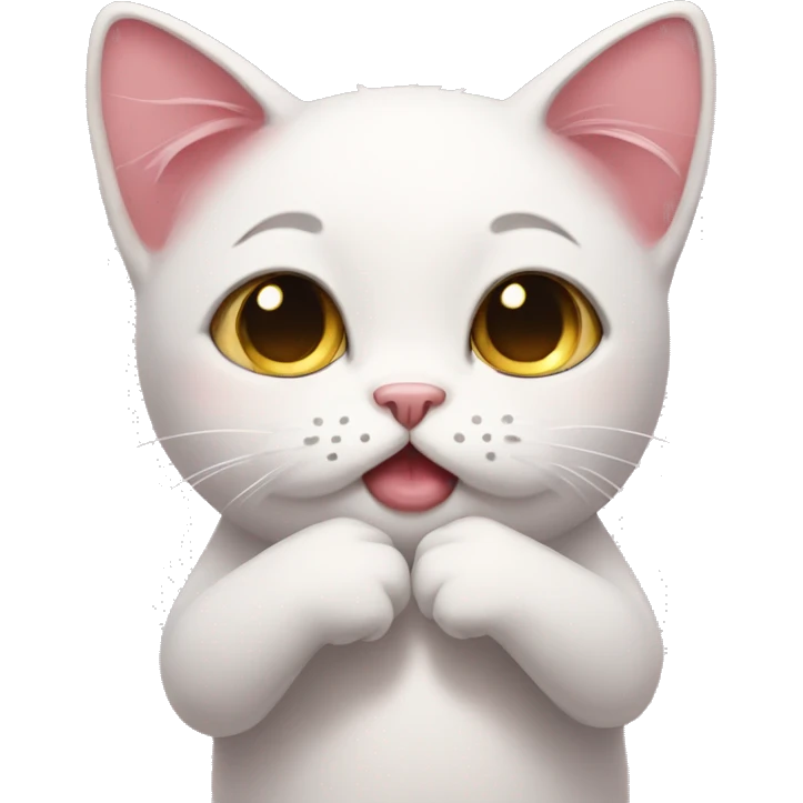 teary eye cat, pink bow, pleading hands together emoji