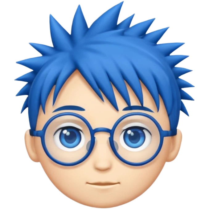 emoji style illustration of a chibi head inspired by
1,
big blue eyes, round glasses,
spiky dark blue hair,
cute flat emoji style,
simple clean lines,
white background,
high quality,
only head, no body emoji