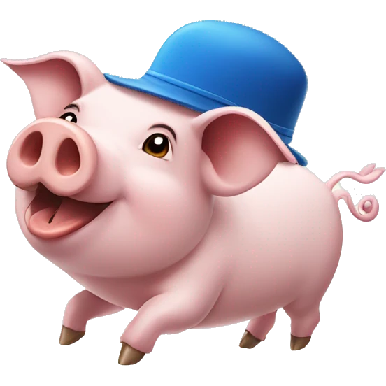 A pig wearing blue hat and flying with birds emoji