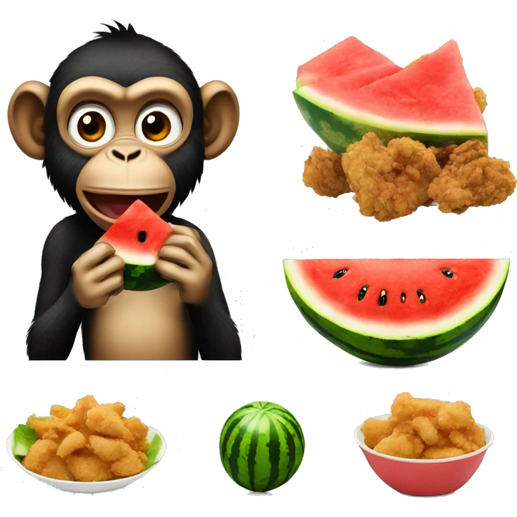 Monkey eating watermelon and a bowl of fried chicken emoji