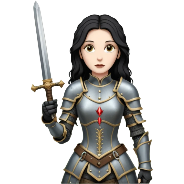 realistic cinematic actress Cher in Victorian styling like Joan of Arc dirty damaged armor in a forest emoji