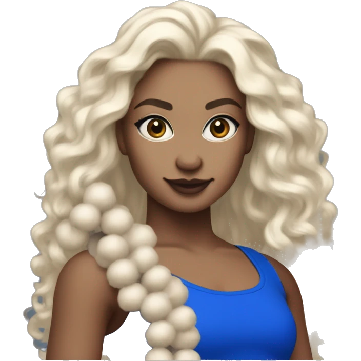 Dancer with white skin and blue eyes wearing royal Blue miniskirt and royal blue long tank top with blond wavy long hair. Holding silver pom poms.  emoji