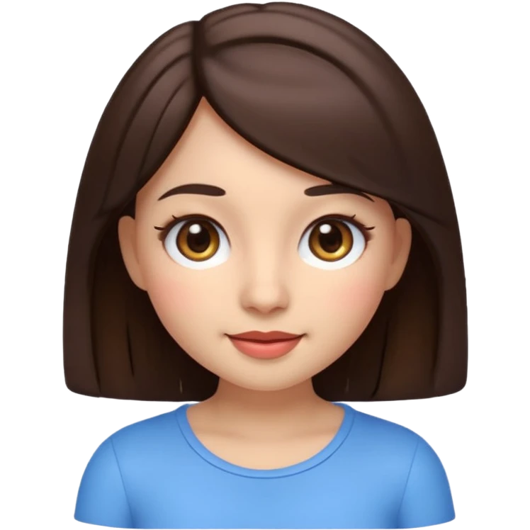3D emoji sticker of a cute girl, Apple Memoji style, dark brown hair, brown eyes, long eyelash extensions, soft facial features, clean white background, smooth lighting, high quality, cute and friendly expression emoji