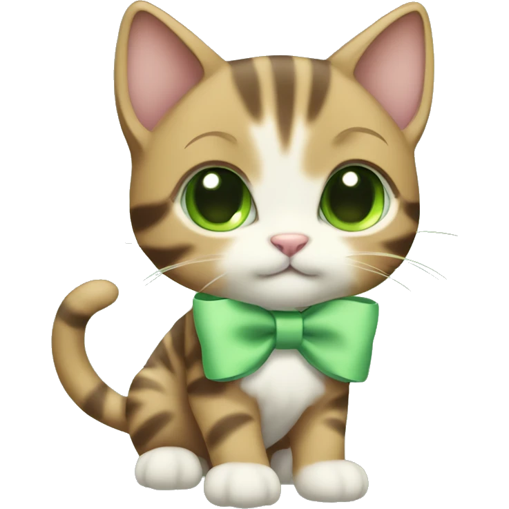 extremely cute kawaii brown tabby kitten with green eyes and pastel green bow full body emoji