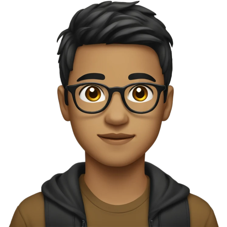 a boy age 19 years old who wears gold glasses. He has brown skin, black hairs, asian  emoji