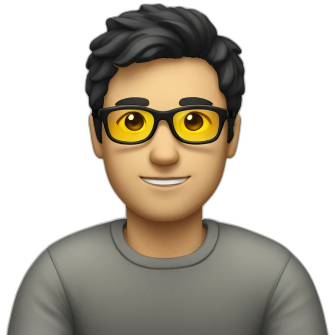 White man with yellow tinted glasses and black hair in a jumper sitting on a chair emoji