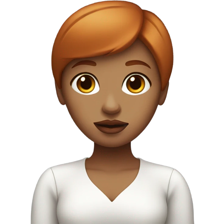 girl with straight short red hair, big lips, big eyes, calm face, in white decolletag e works on macbook emoji