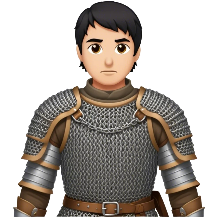 medieval battle armor worn by a DnD themed fantasy character. basic chainmail hauberk reinforced with a leather chestplate. armor only above the waist. The armor full waist. The character's haven't arms. character is black hair brown eyes short messy hair tan-skinned man. emoji