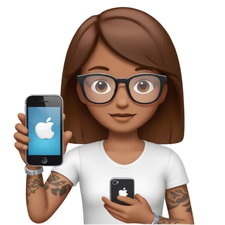 3D emoji character in Apple iPhone style, brown hair, wearing stylish glasses, white tattoo on the arm, holding an iPhone in one hand, cute and friendly expression, smooth and shiny skin, minimalistic design, high quality, vibrant colors, realistic lighting, isolated on white background emoji