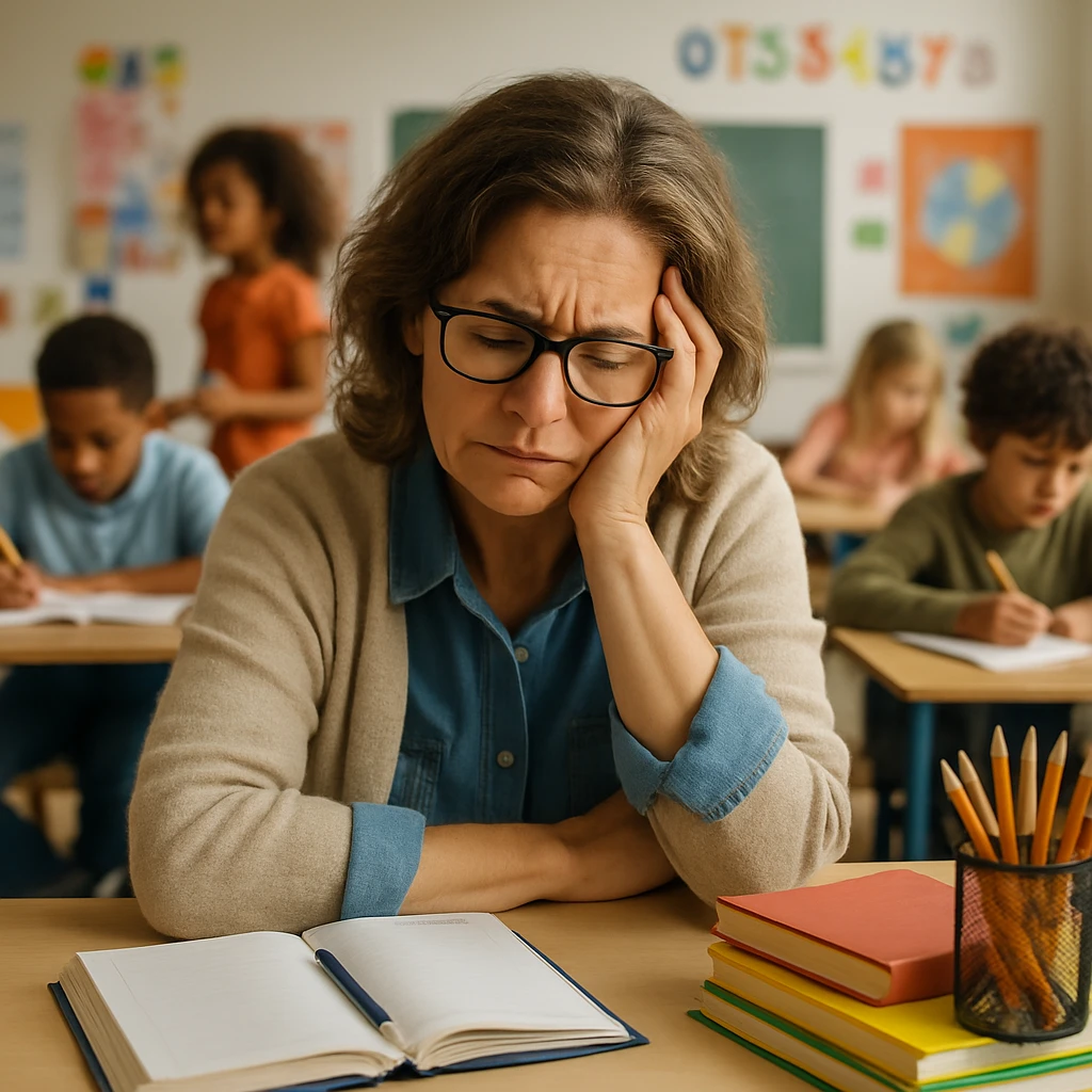 exhausted teacher in a bustling classroom emoji