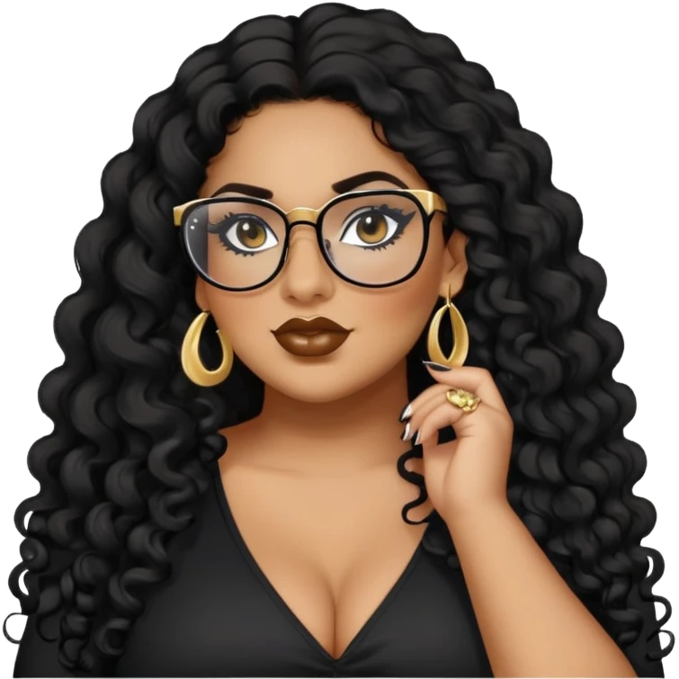 big plus size, latina, darker tan skin, long black curly hair, baddie,pretty, makeup, lipgloss, black eyeliner, long hair, stud gold earrings, black top, black glasses emoji