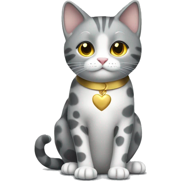 sitting grey cat with spots with golden heart collar emoji