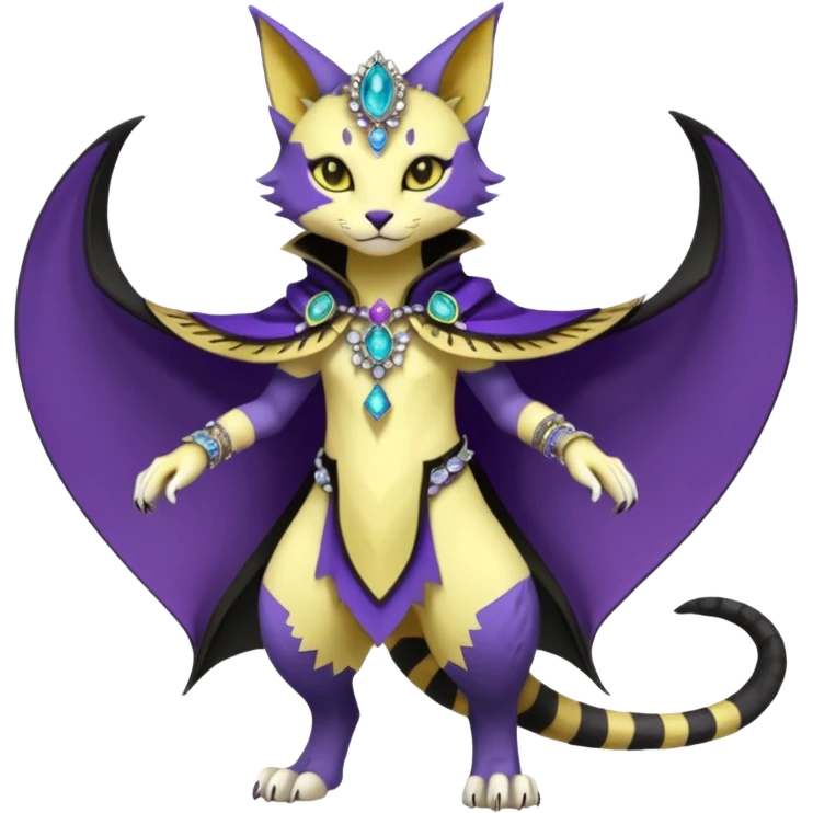 Kawaii cute Violet Yellow Black beautiful pretty elegant divine edgy feline-vernid-sergal-Fakémon-Pokémon-Digimon-fursona-animal-creature, full body, with intricate detailed markings, Embroidered capelet, Gem-studded horn ring emoji