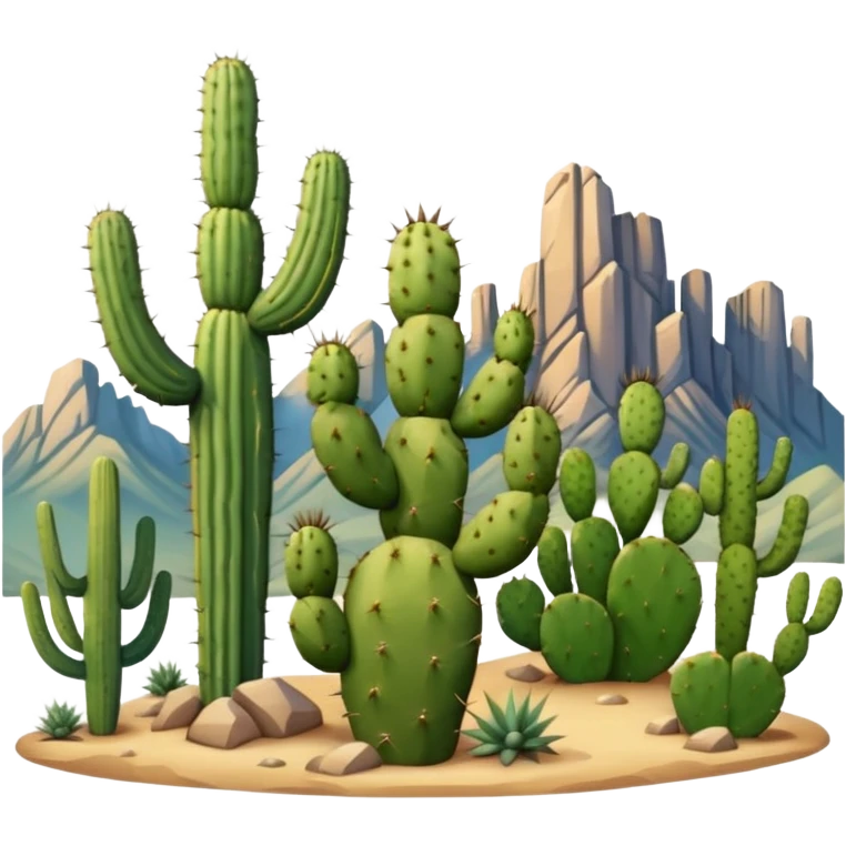 prickly pear cactus and saguaro cactus with mountains in background emoji