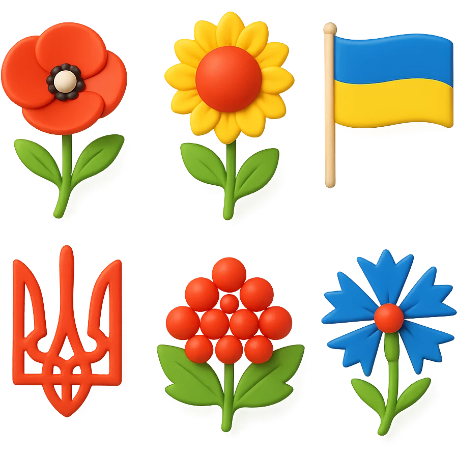 3D illustrative icon set: poppy, sunflower, Ukrainian flag, trident, viburnum, cornflower, bread, stork, Ukrainian house. Grid 2x3, organic spacing, transparent background, illustrative style emoji
