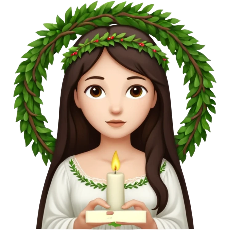  saint lucia with dark brown hair with a white gown and a wreath made from greenery and candles on top of it emoji