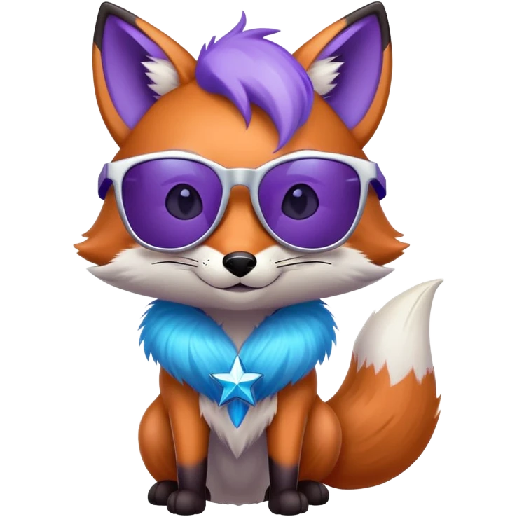 A cool fox with purple-blue fur, a glowing tail, a silver star on its forehead, and round glasses replaced by stylish sunglasses, looking confident. 🦊😎 emoji