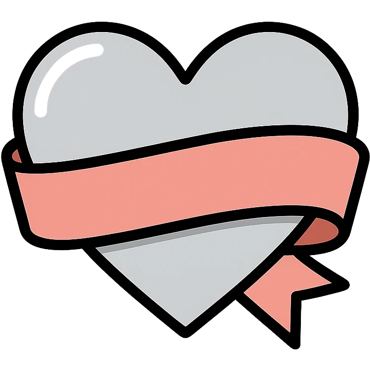 shiny metallic silver heart with a rose gold ribbon, icon style emoji