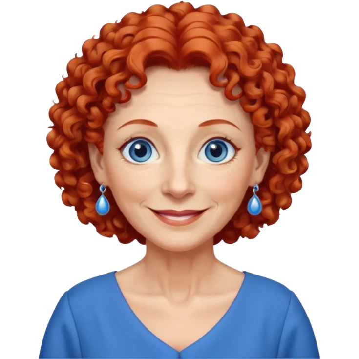 una profesora mayor simpática con el pelo rojo rizado, ojos azules, vestido azul y pendientes azules hablando altura completa sonriendo emoji
