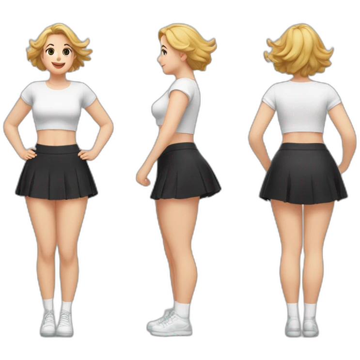 full-body-caucasian-curvy-beauty-jumping-short-black-skirt-back-and-front-views-strong-wind-white-knickers-long-white-socks emoji