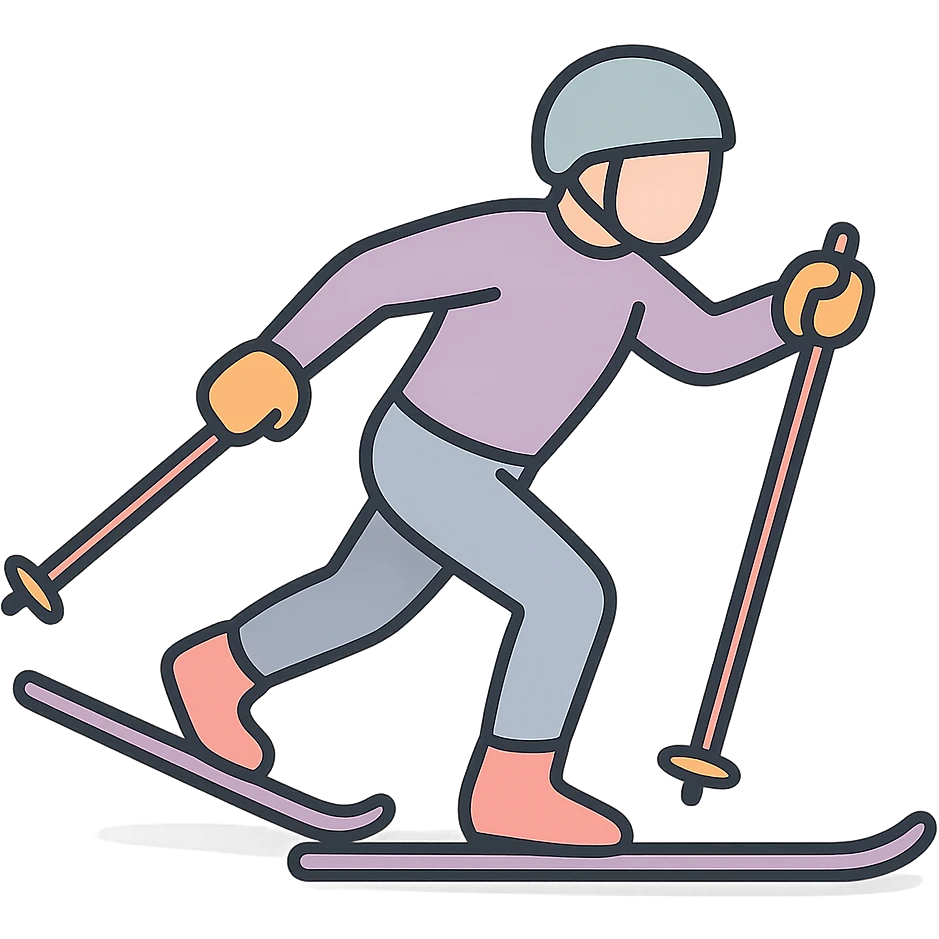a skier using skate technique on cross-country skis, arms and poles in motion, detailed shading, thin clean outlines, soft rounded features, pastel palette #98B5BC #B5B3C1 #C9A3C9 #E4C0CA #F7DCD1 #F7C0AA, Japanese pop art, sticker look, highly detailed, vector clarity, soft lighting, subtle shadows, transparent background emoji