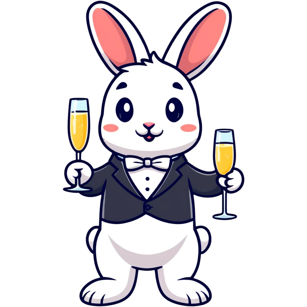 fancy rabbit in evening attire with champagne glass celebrating emoji