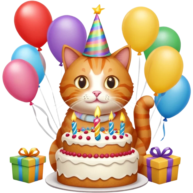 Ginger cat celebrates birthday, birthday hat, birthday cake, balloons, happy, gifts emoji