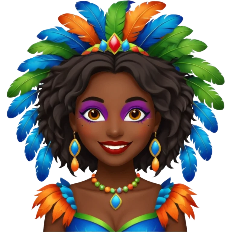 i need the same girl in "dark skin girl, dark red lipstick, nails very beautiful" to be smiling in "carnival mas costume, blue, green and orange preferably, full costume feathers at the back" she is to be smiling, hair should be dark shoulder length, black nail polish on her fingers  emoji