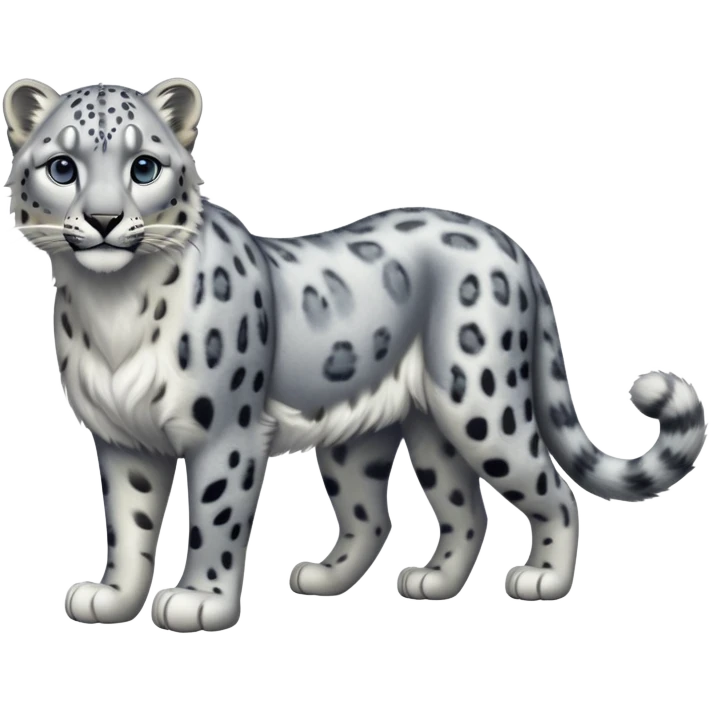 Cinematic-Snow-Leopard-Realistic-Full-Body-Standing-Emoji – Tail curled gracefully, head tilted dramatically, dense spotted fur shimmering in the cold mountain air, powerful yet elegant frame, simplified yet realistic focused features, highly detailed, glowing with an almost sarcastic glow. emoji