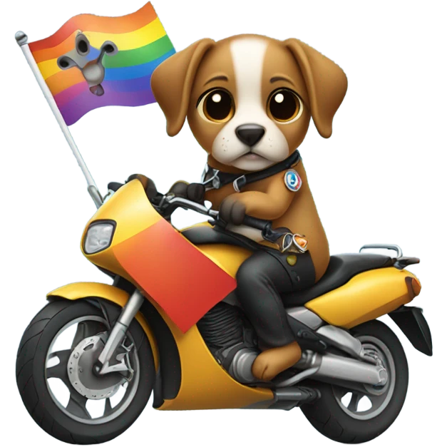 Dog riding a motorbike holding an lgbt flag while pregnant emoji
