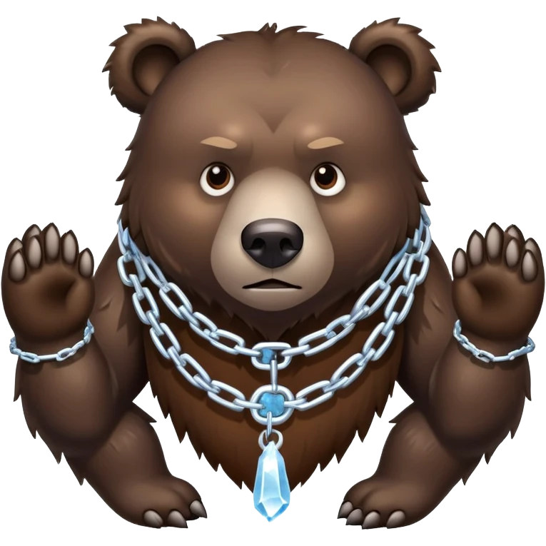 Intimidating dark brown bear on four legs with heavy ice chain around neck, frozen chain links with icicles, serious expression emoji