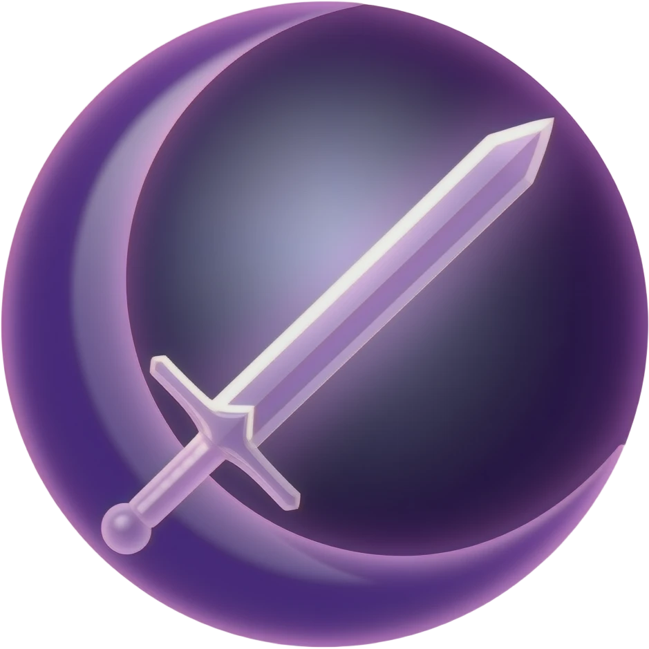 Glowing dark purple detailed crescent moon with an elegant detailed glowing transparent sword, emoji style. Soft violet and pink glow, minimal clean design, smooth edges, subtle lighting, centered, high contrast, transparent background. emoji