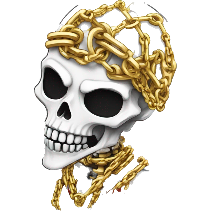 White skeleton zombie person covered in golden chains and black graffiti scribbles and red and silver doodles snowing snowflakes emoji