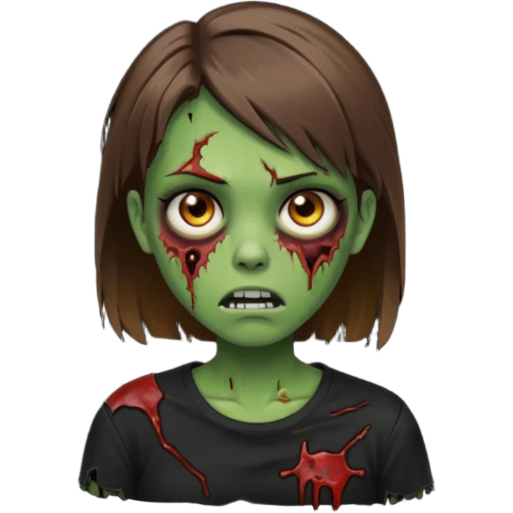 Zombie girl emoji verde com cabelo curto liso castanho no ombro com uma blusa preta emoji