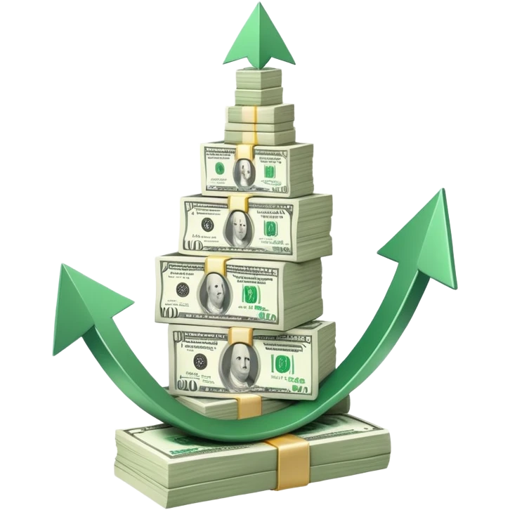 upward trending arrow beside three stacks of bundled dollar bills in ascending height emoji