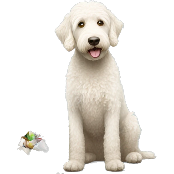 White labradoodle digging in garbage  can emoji