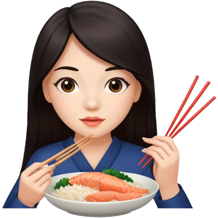 chica joven con piel clara y pelo oscuro largo comiendo un plato de arroz con salmón  emoji
